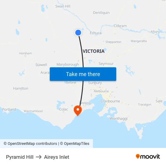 Pyramid Hill to Aireys Inlet map