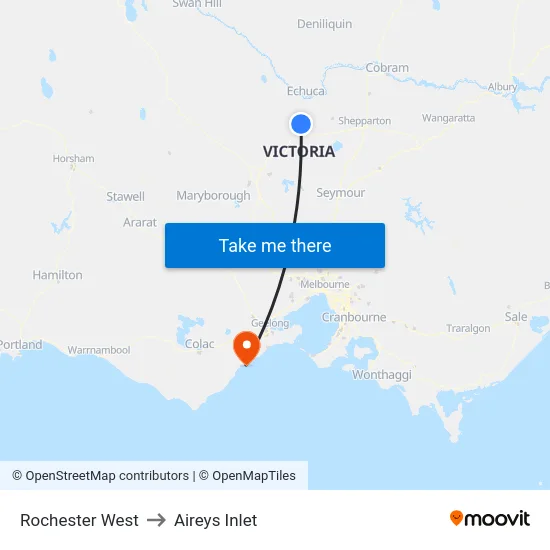 Rochester West to Aireys Inlet map