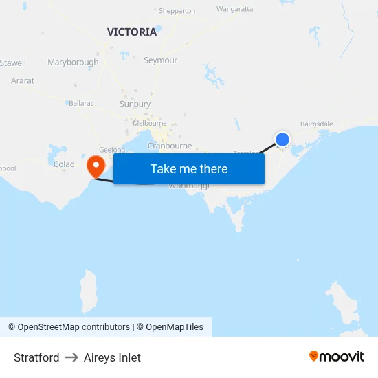 Stratford to Aireys Inlet map