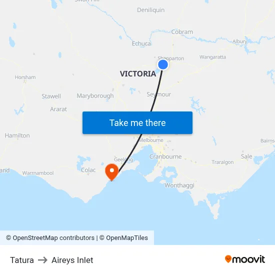 Tatura to Aireys Inlet map