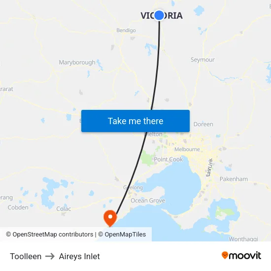 Toolleen to Aireys Inlet map