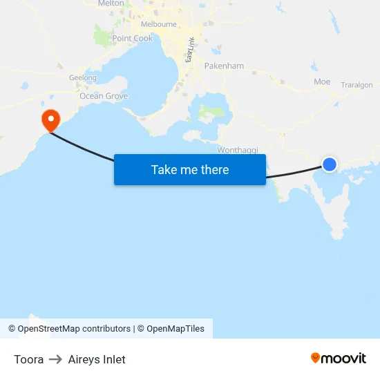 Toora to Aireys Inlet map