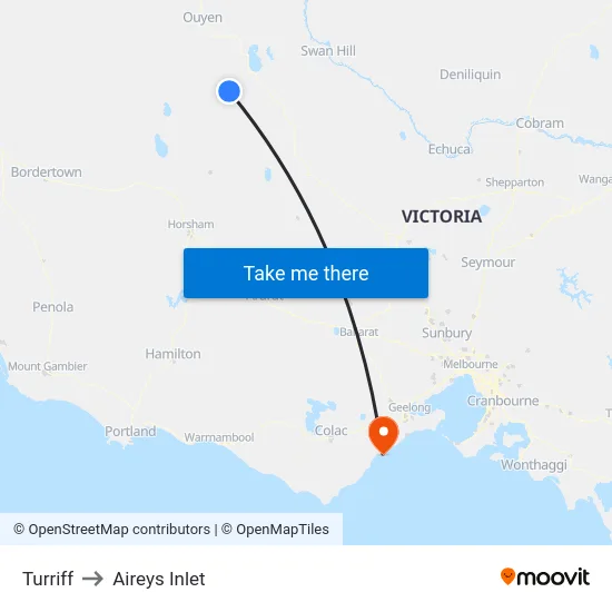 Turriff to Aireys Inlet map