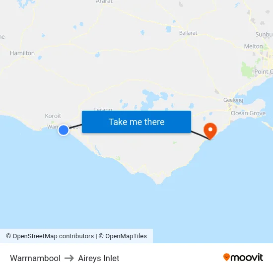 Warrnambool to Aireys Inlet map