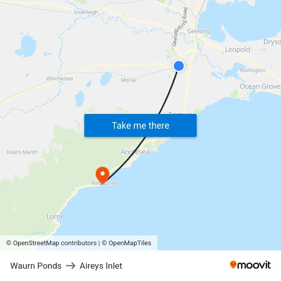 Waurn Ponds to Aireys Inlet map