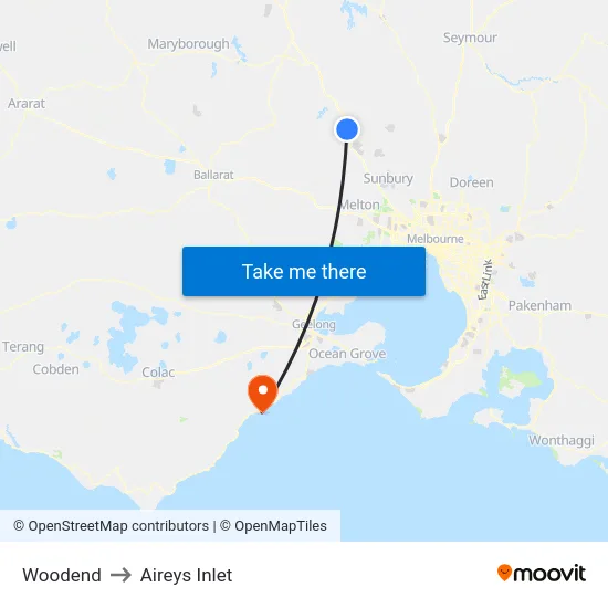 Woodend to Aireys Inlet map