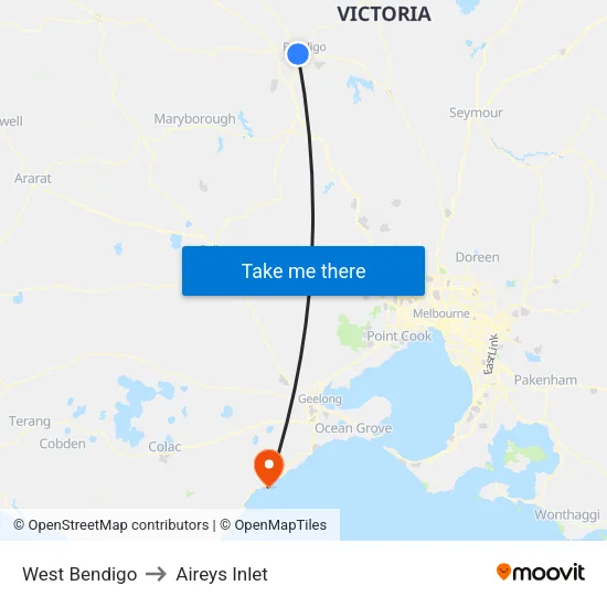 West Bendigo to Aireys Inlet map