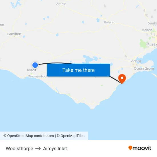 Woolsthorpe to Aireys Inlet map