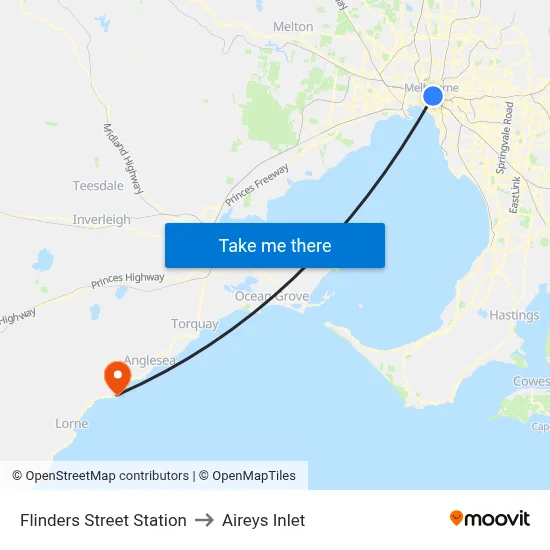 Flinders Street Station to Aireys Inlet map