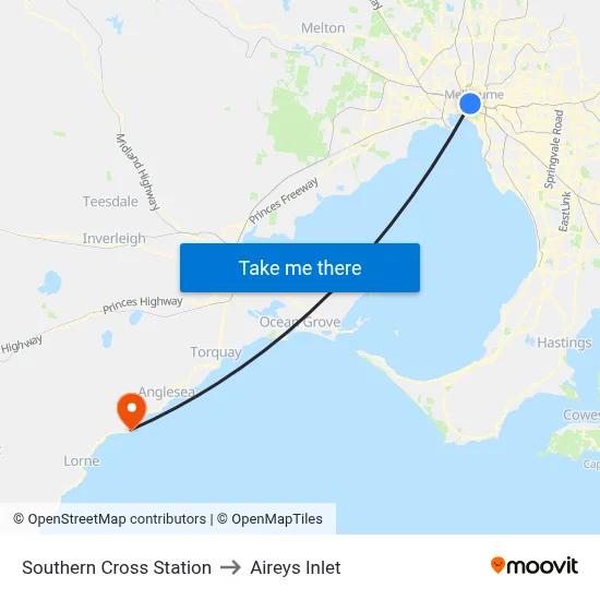 Southern Cross Station to Aireys Inlet map
