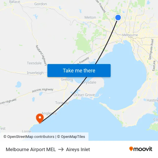 Melbourne Airport MEL to Aireys Inlet map