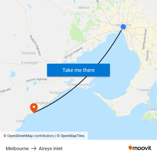 Melbourne to Aireys Inlet map