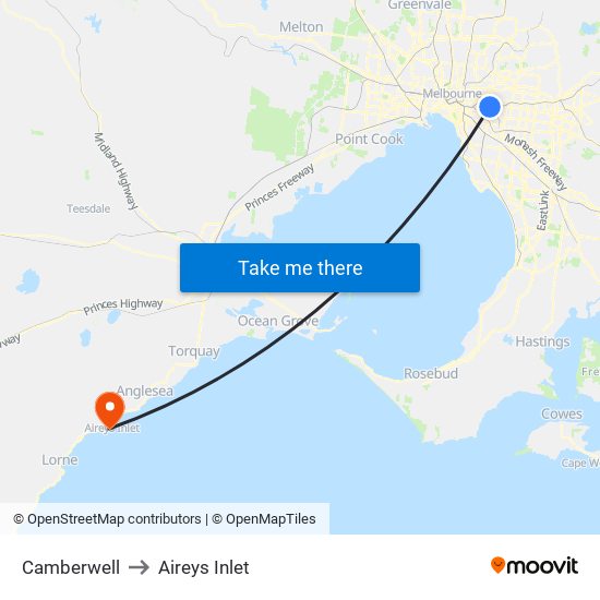 Camberwell to Aireys Inlet map
