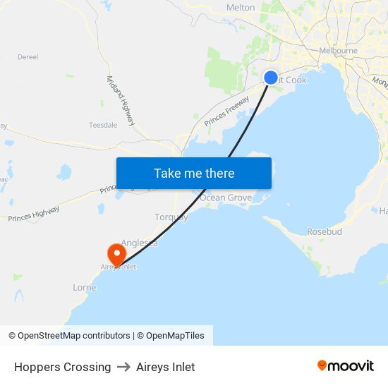 Hoppers Crossing to Aireys Inlet map