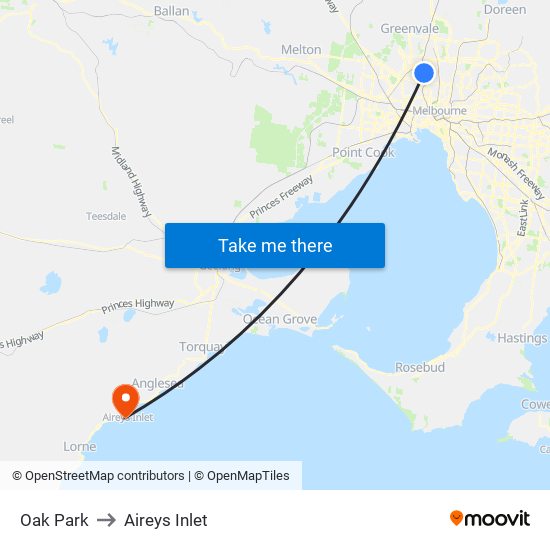 Oak Park to Aireys Inlet map