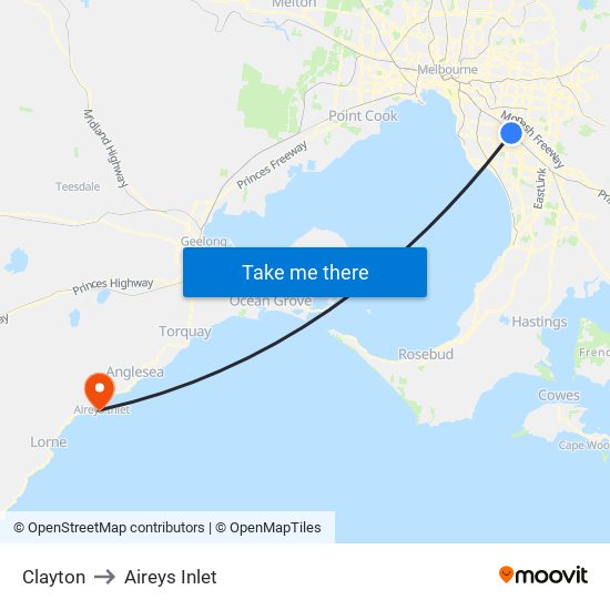 Clayton to Aireys Inlet map