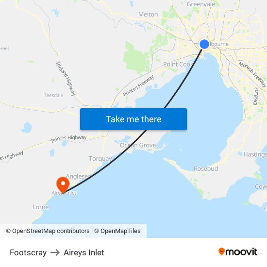 Footscray to Aireys Inlet map