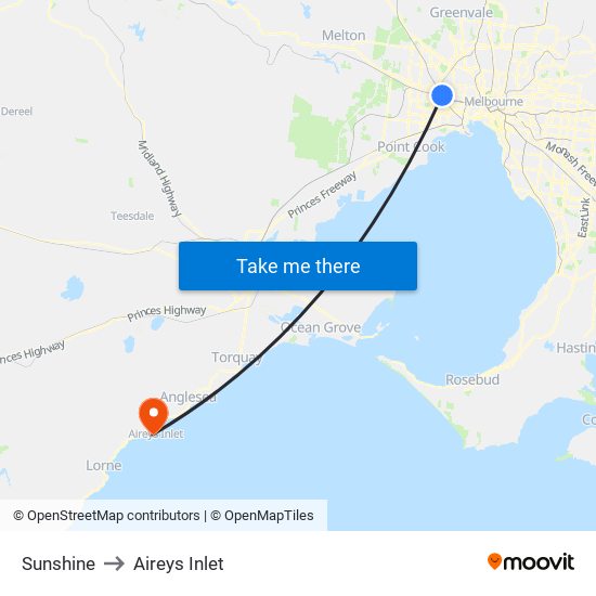 Sunshine to Aireys Inlet map