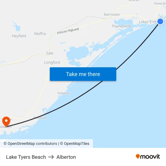 Lake Tyers Beach to Alberton map