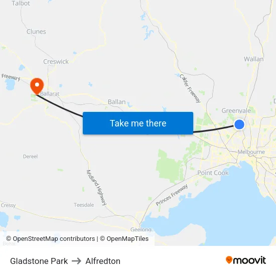 Gladstone Park to Alfredton map