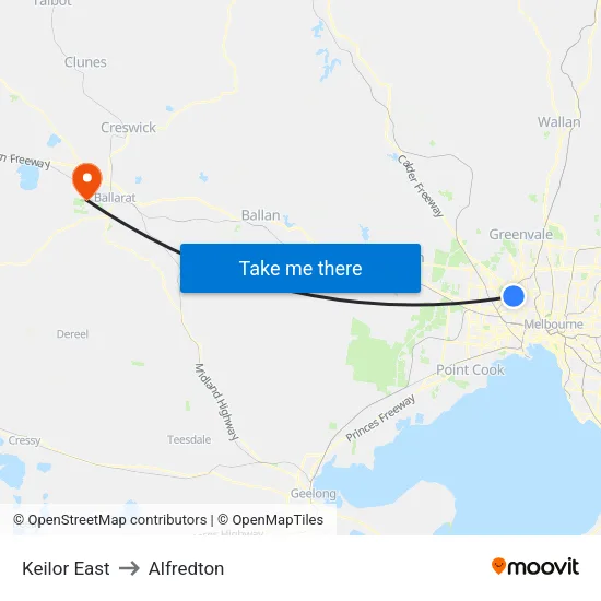 Keilor East to Alfredton map