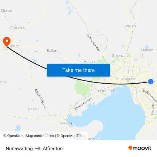 Nunawading to Alfredton map