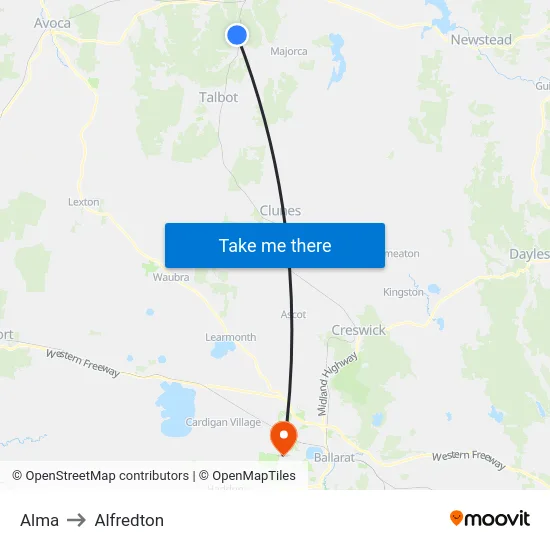 Alma to Alfredton map