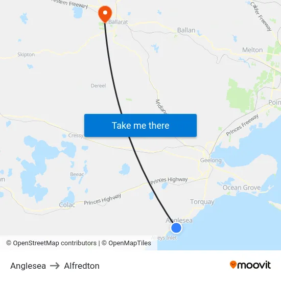 Anglesea to Alfredton map