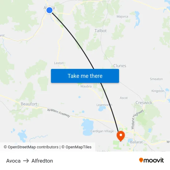 Avoca to Alfredton map