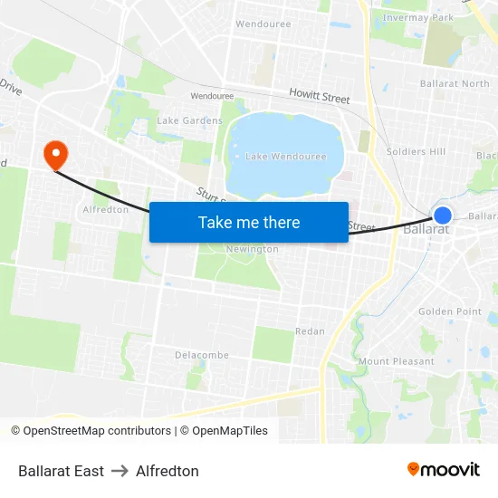 Ballarat East to Alfredton map