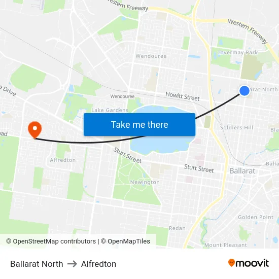 Ballarat North to Alfredton map