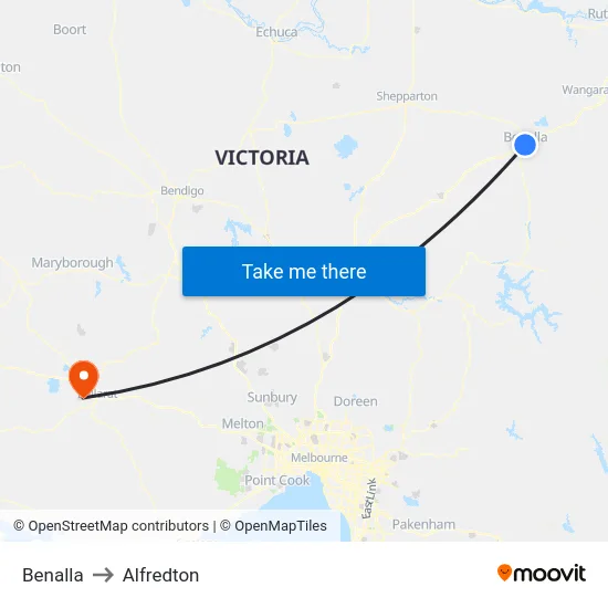Benalla to Alfredton map