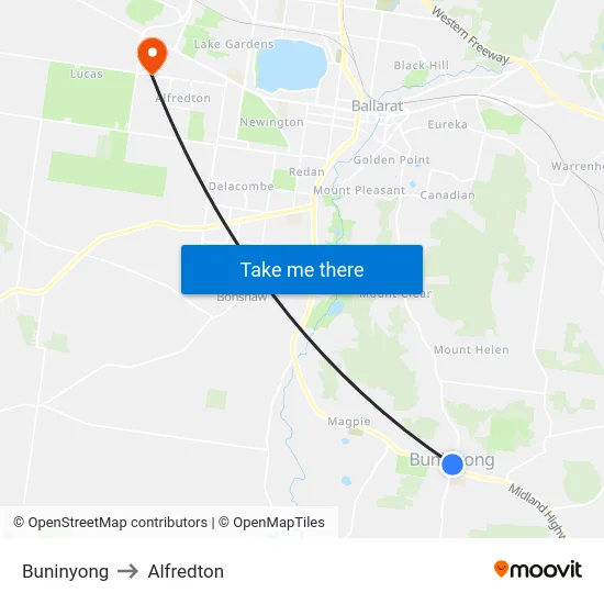 Buninyong to Alfredton map