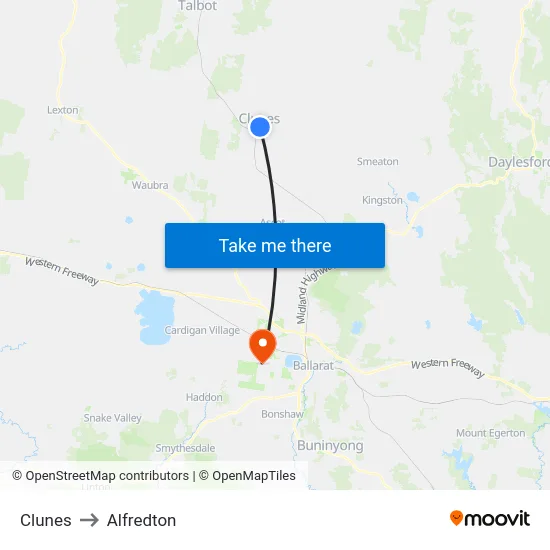 Clunes to Alfredton map