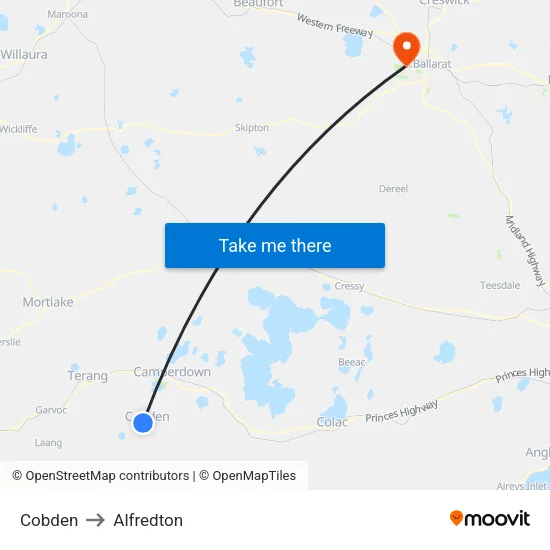 Cobden to Alfredton map