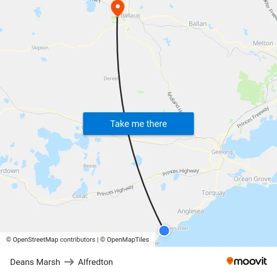 Deans Marsh to Alfredton map