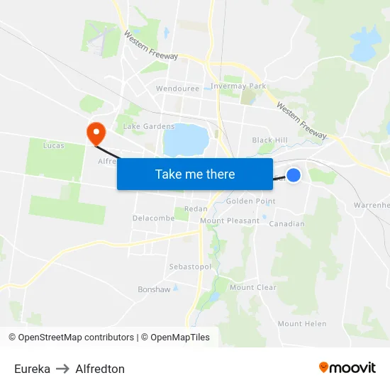 Eureka to Alfredton map