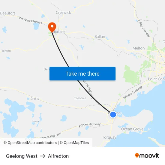 Geelong West to Alfredton map