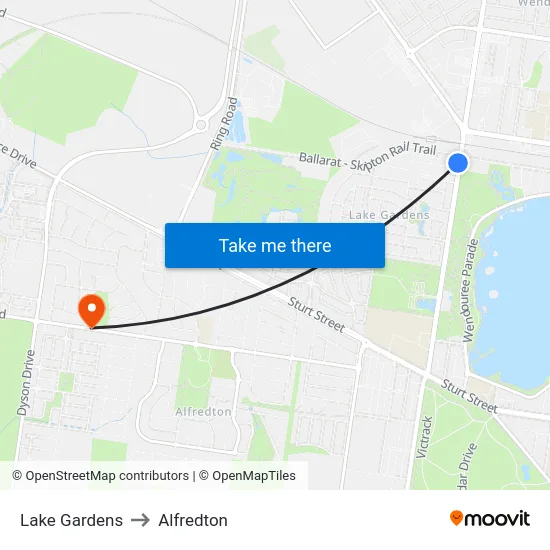 Lake Gardens to Alfredton map
