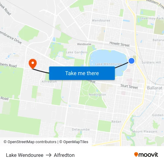 Lake Wendouree to Alfredton map