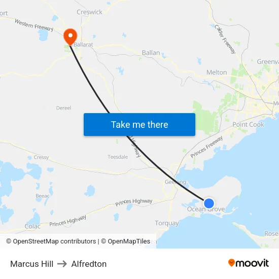 Marcus Hill to Alfredton map