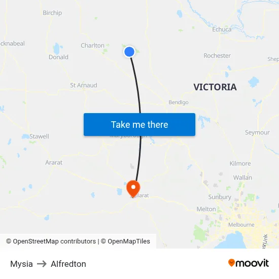 Mysia to Alfredton map