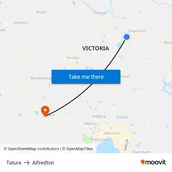 Tatura to Alfredton map