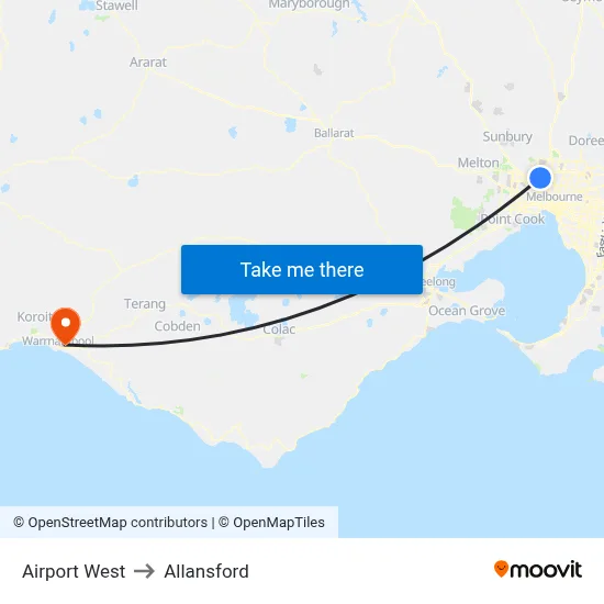 Airport West to Allansford map