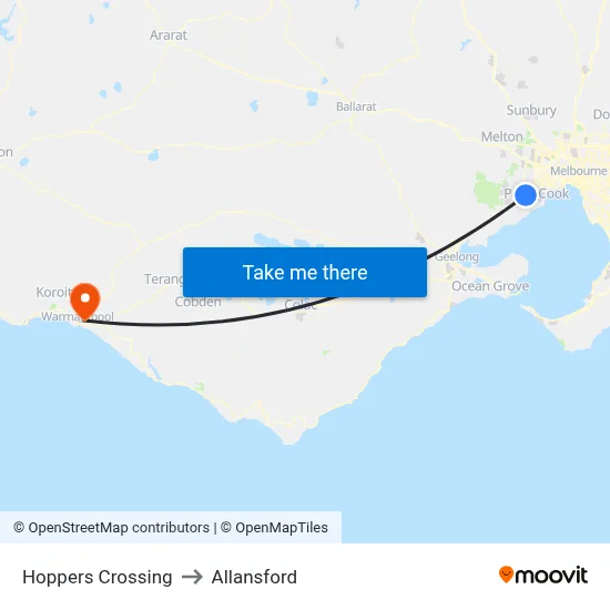 Hoppers Crossing to Allansford map
