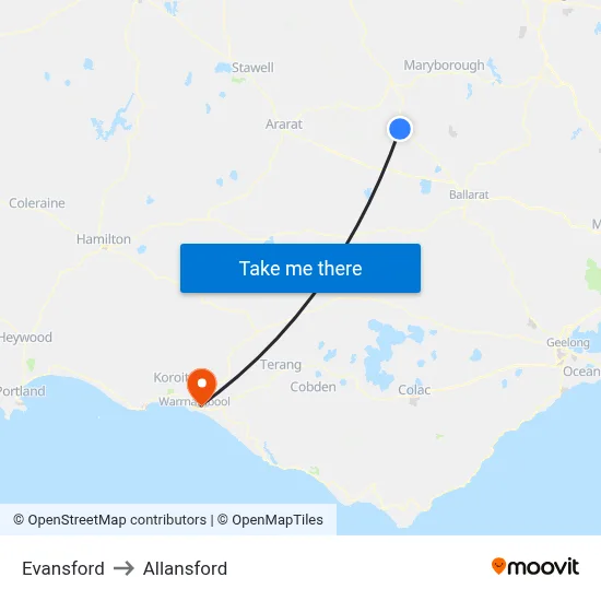 Evansford to Allansford map