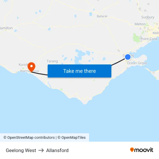 Geelong West to Allansford map
