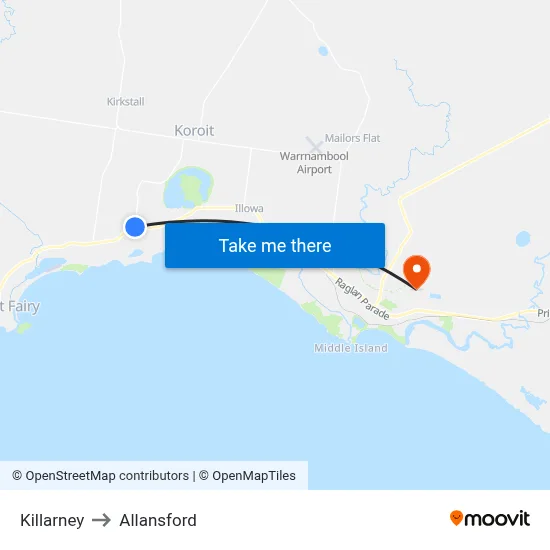 Killarney to Allansford map
