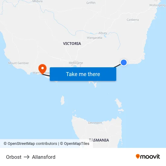 Orbost to Allansford map
