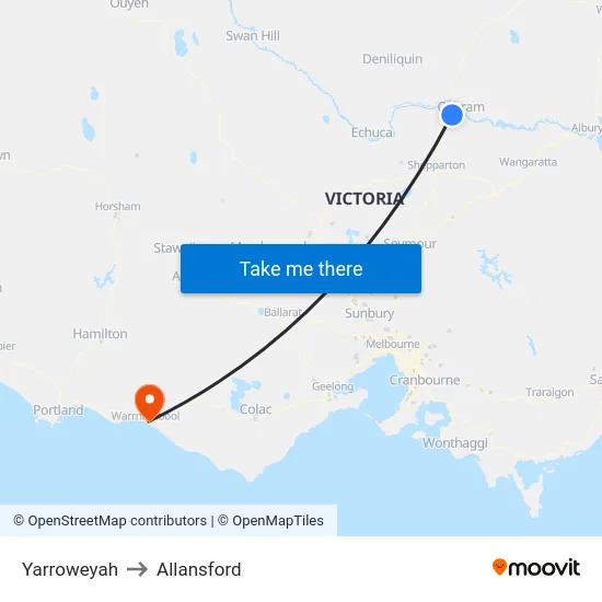 Yarroweyah to Allansford map